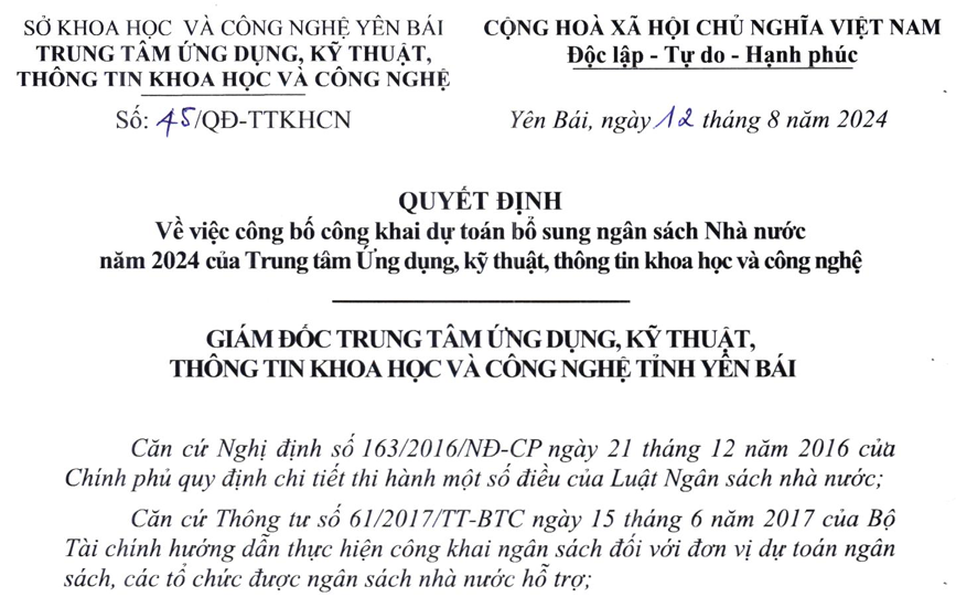 Quyết định về việc công bố công khai dự toán bổ sung ngân sách Nhà nước năm 2024 của Trung tâm Ứng dụng, kỹ thuật, thông tin khoa học và công nghệ