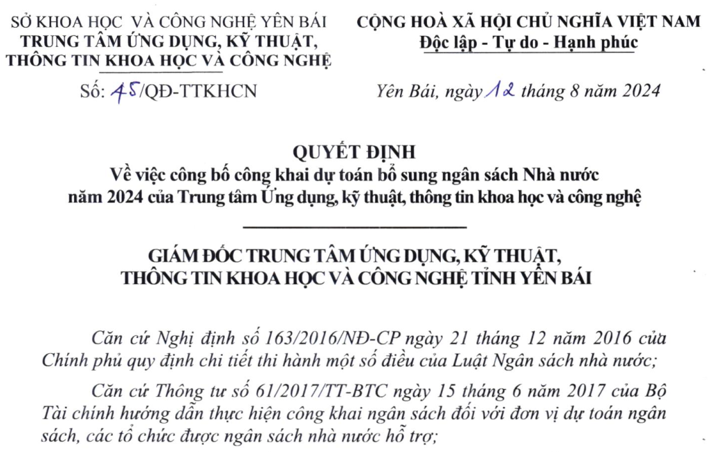 QĐ 45/QĐ-TTKHCN Về việc công bố công khai dự toán bổ sung ngân sách nhà nước năm 2024 của Trung tâm Ứng dụng, kỹ thuật, thông tin khoa học và công nghệ